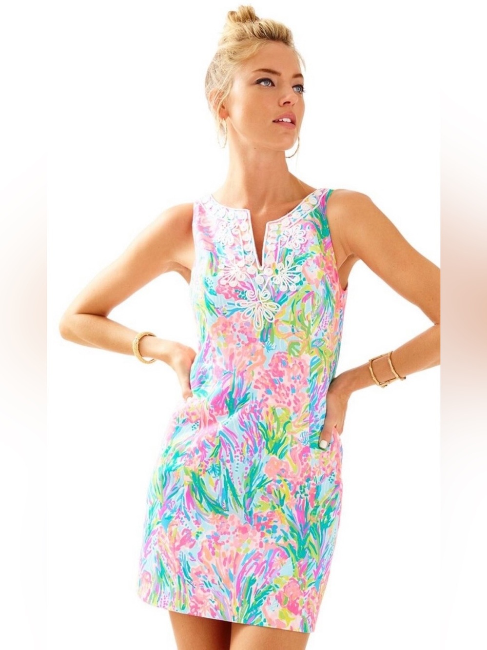 NWT Lilly Pulitzer Gabby Shift Dress Fan Sea Pants Multi Pink Size 12